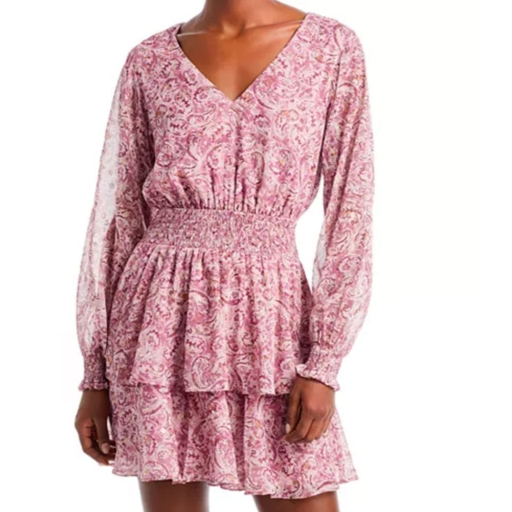 NWT AQUA Pink Paisley Long Sheer Sleeve Smocked Waist Ruffle Dress Size X-Large